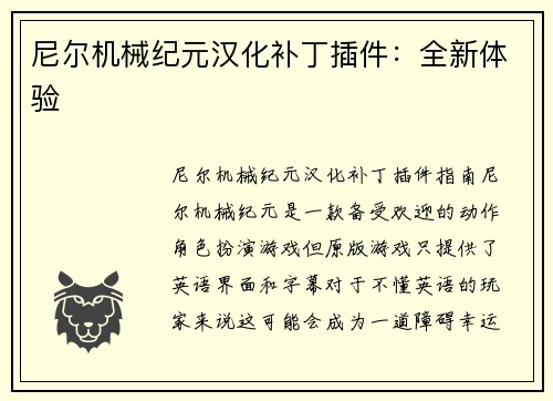 尼尔机械纪元汉化补丁插件：全新体验